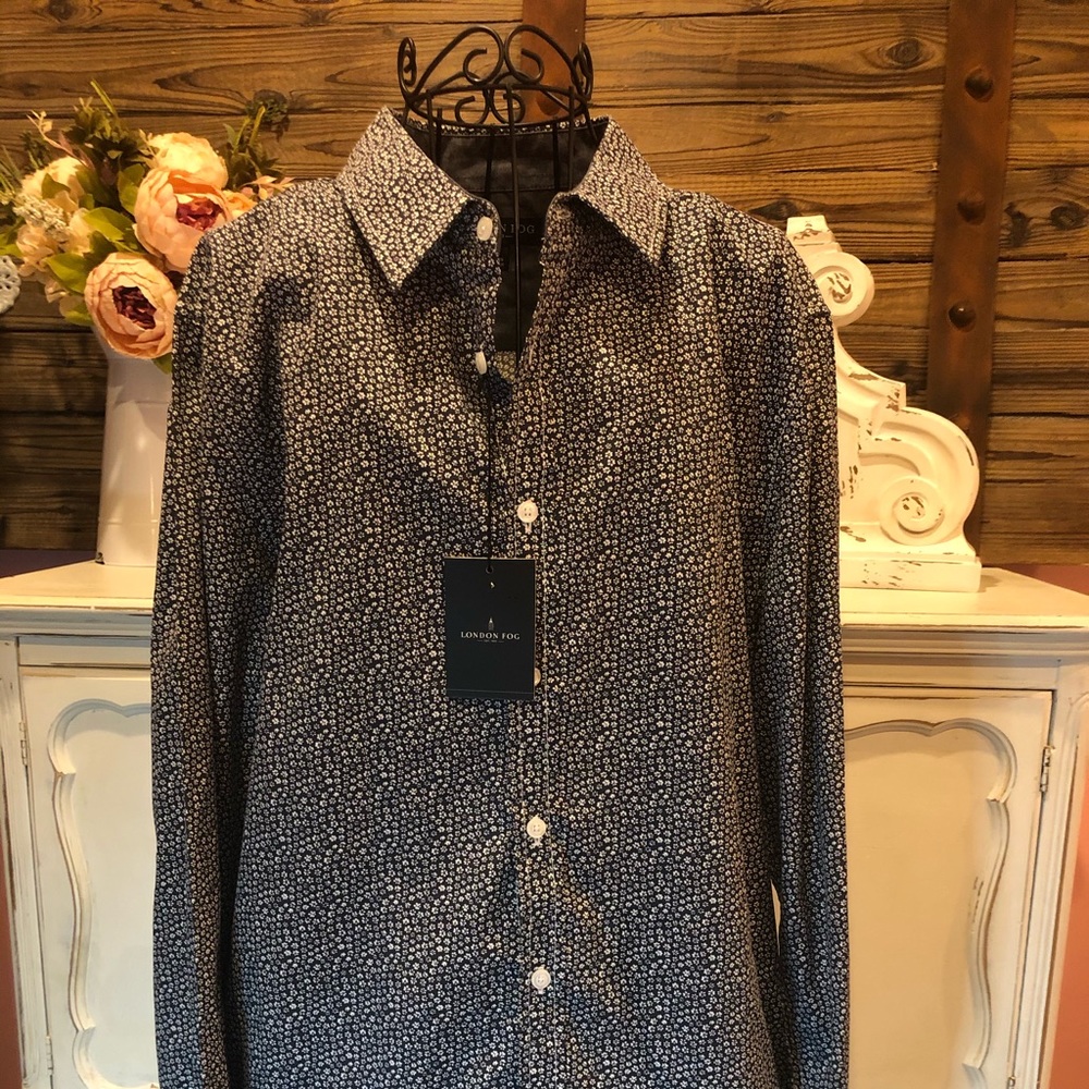 London Fog Womens Navy Floral Button Down LG NWT
